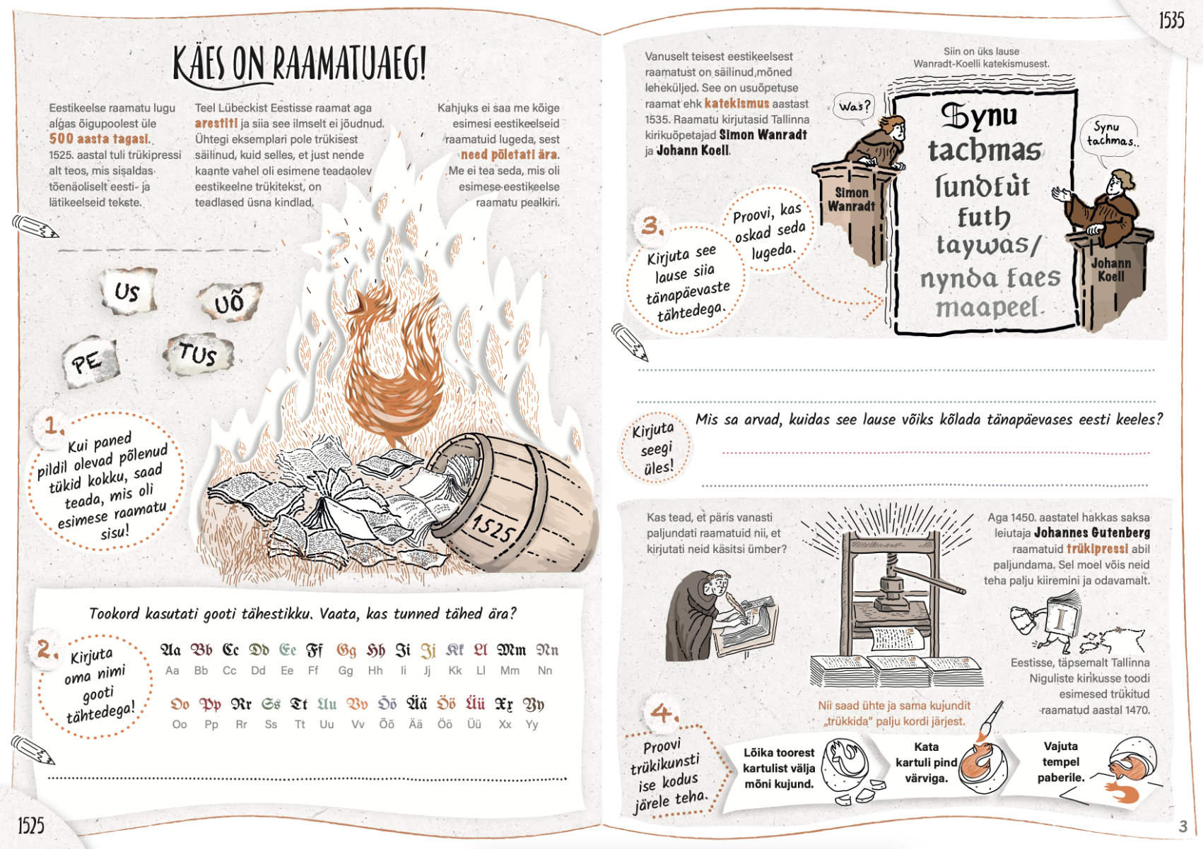 Eesti raamatu aasta pannoo tegelusraamat, lk 2–3, Wanradt-Koelli katekismus. Tegelusraamatu kunstnik: Siiri Taimla-Rannala. Eesti raamatu aasta pannoo tegelusraamat, lk 2–3, Wanradt-Koelli katekismus. Tegelusraamatu kunstnik: Siiri Taimla-Rannala.